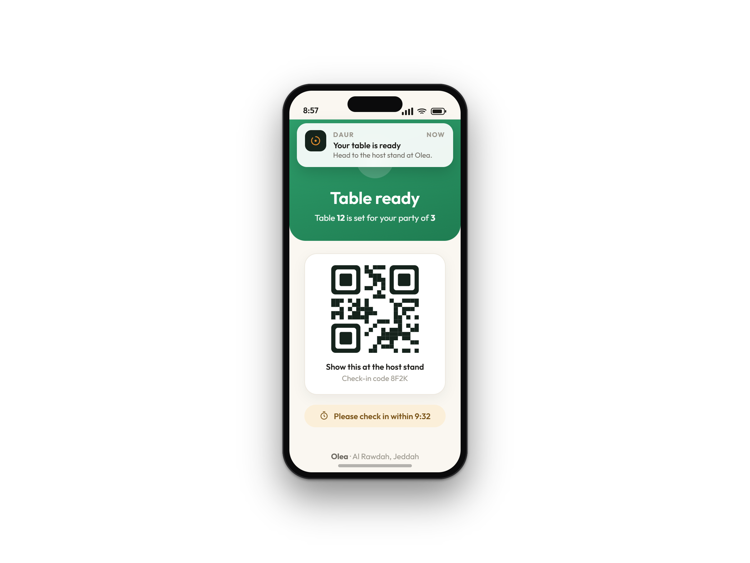 Daur app QR-code booking and check-in screen