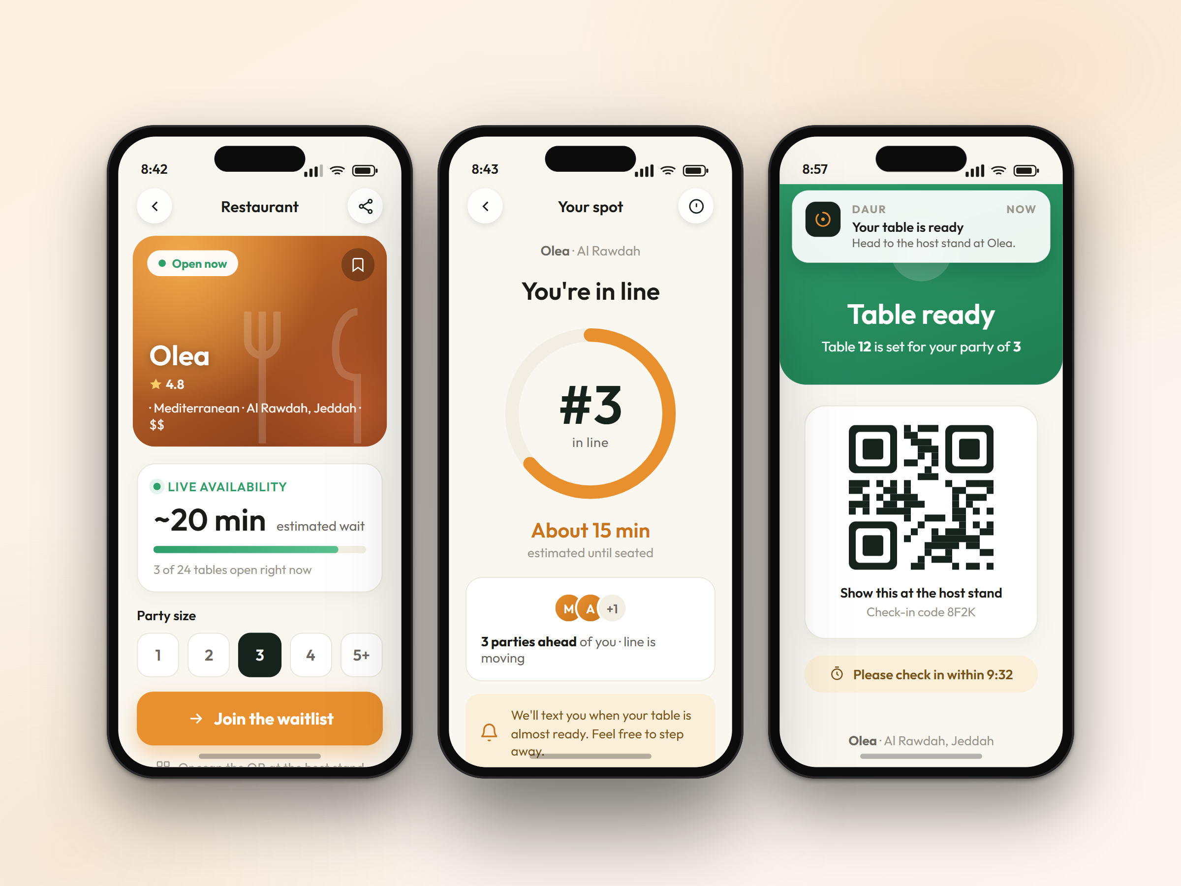 Daur restaurant queue and reservations mobile app built by Vootlabs, showing live waitlist position