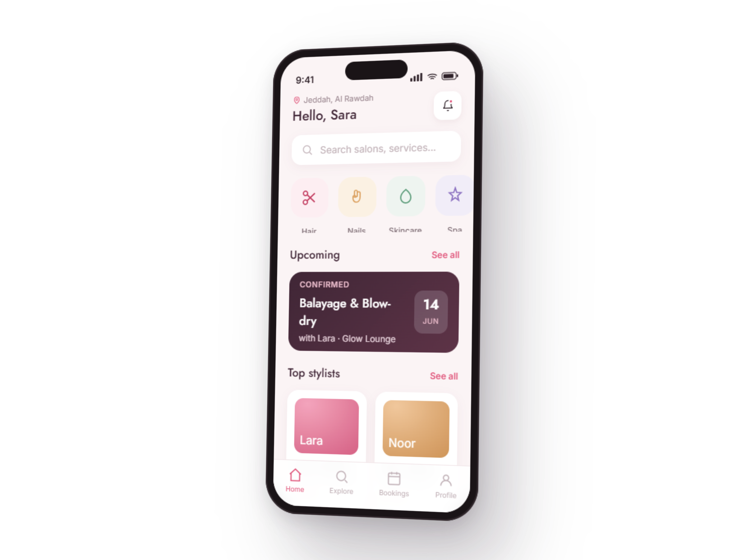 Mira app home screen showing nearby salons and stylists