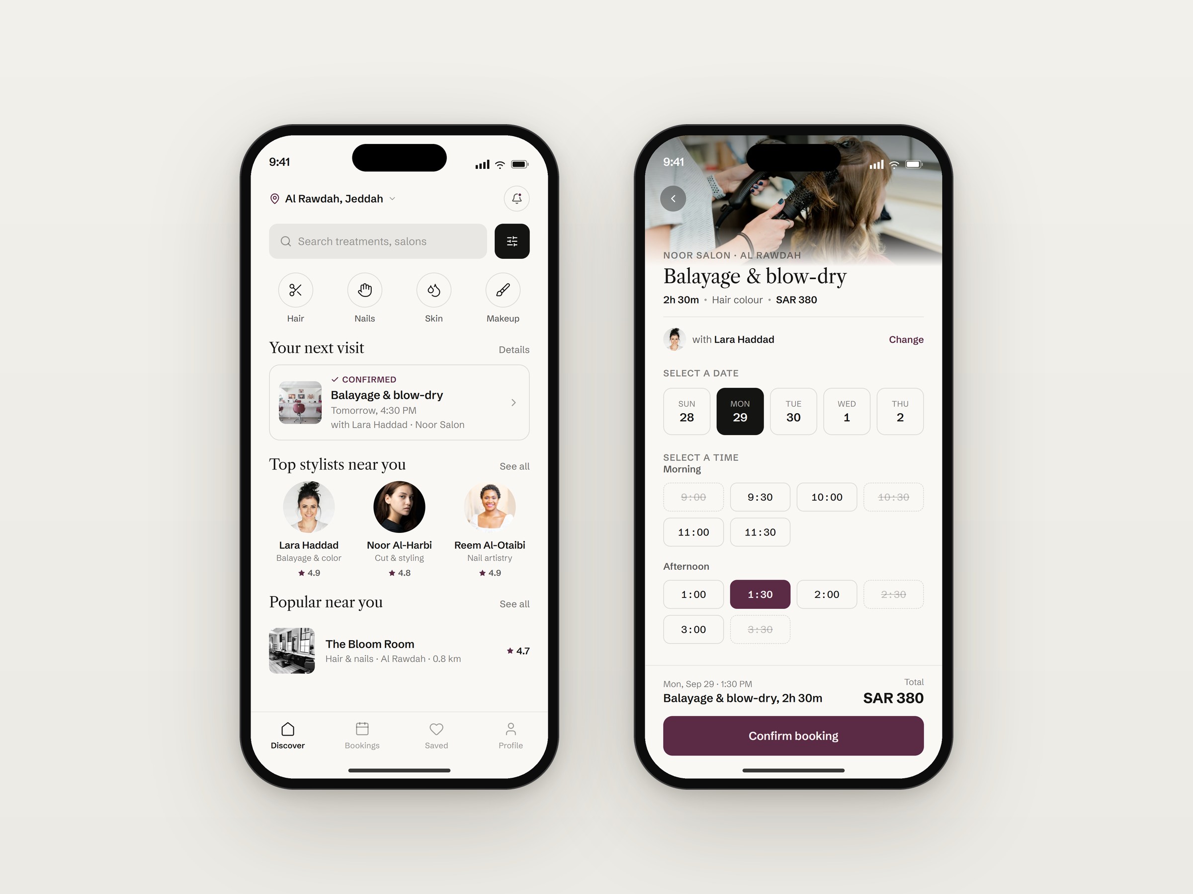 تطبيق ميرا لحجز خدمات التجميل والعناية من تنفيذ Vootlabs، يعرض الصالونات القريبة والمواعيد المتاحة