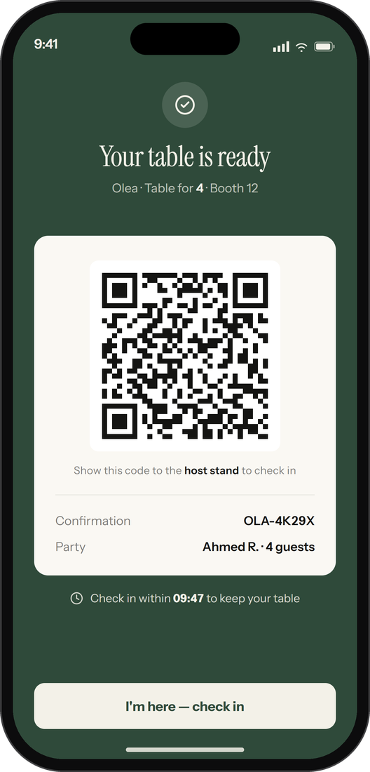 شاشة الحجز وتسجيل الوصول عبر رمز QR في تطبيق دور